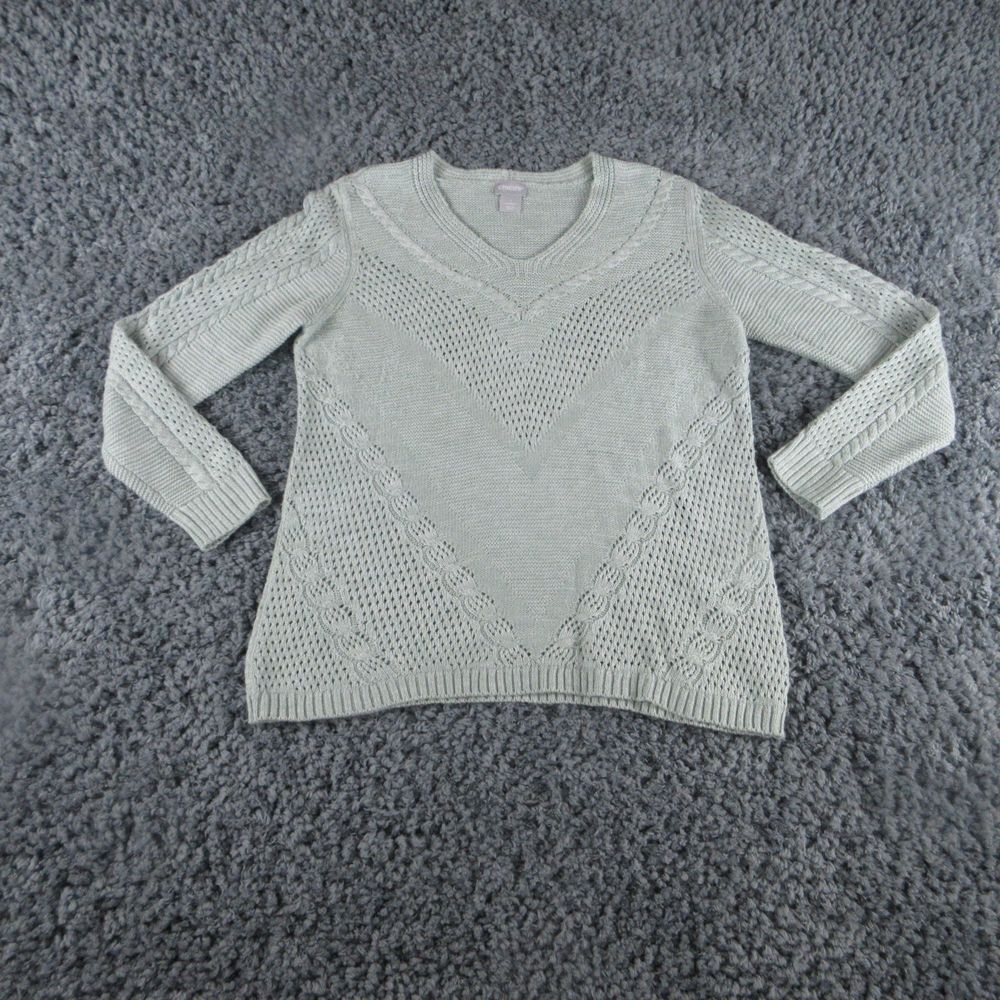 Chico's Sweater Womens 1 Green Knit Long Sleeve Pullover V-Neck Light